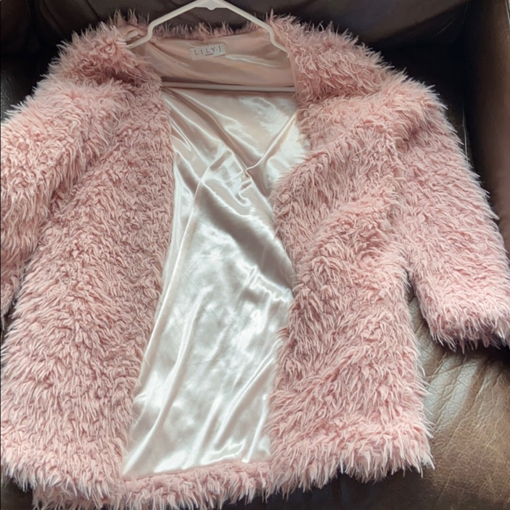Pink fluffy faux fur jacket